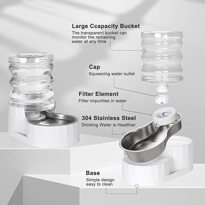 RIZZARI Automatic Dog Water Bowl: 5L Gravity Stainless Steel Cat Water Dispenser - with Two Caps and Filters for 8-20 LB Elderly Dogs with Spinal Problems - for Kitchen Bedroom