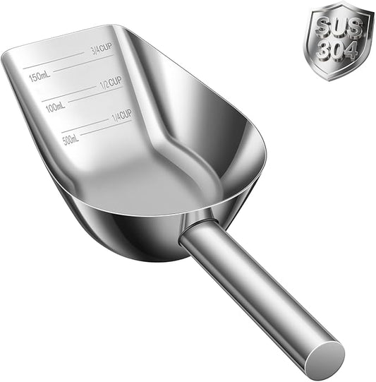 Dog-Cat Food Scoop 3/4 Cup / 6oz, Aloxina Thickened 304 Stainless Steel Pet Food Scoop with Long Handle, Precision Scale, Easy to Clean, Suitable for Wet and Dry Food