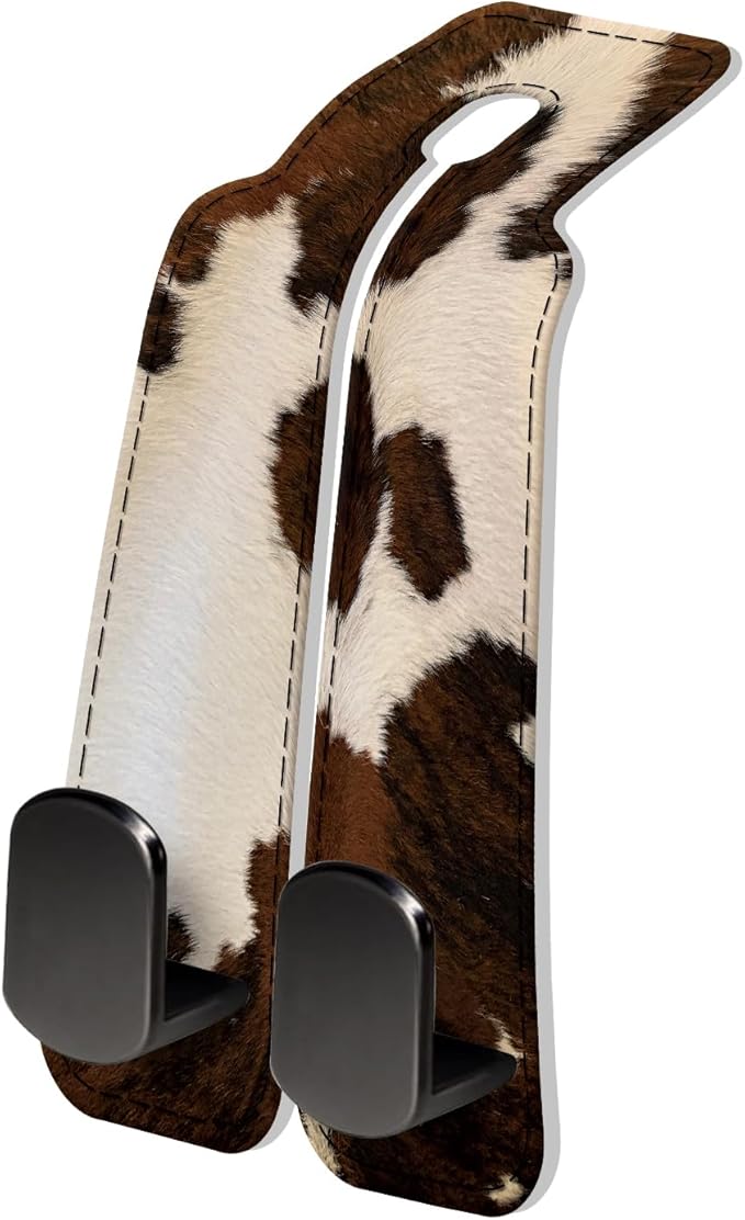 PU Leather Car Seat Hook, Storage Headrest Hanger, Cute Car Backseat Organizer, Car Hooks For Purses and Bags Cowhide Brown White