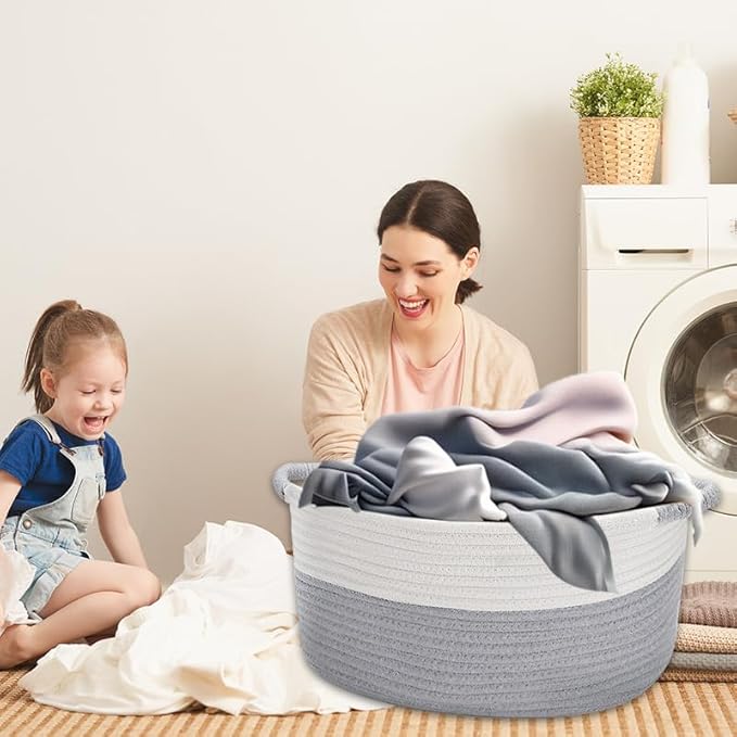 Large Cotton Rope Storage Basket with Handles, Hamper, Laundry Basket, 20 "L x 14" W x 12 "H, Home Decor for Storage Blanket &Toy, etc .(White & Gray）