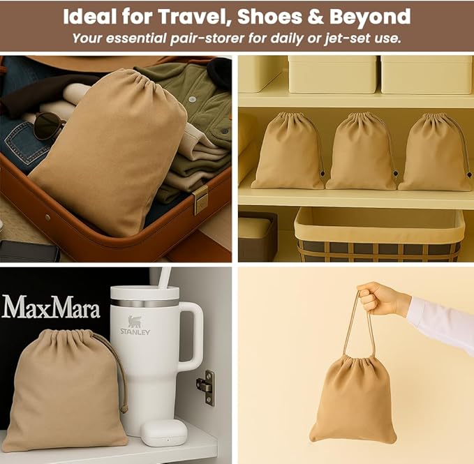 LFH Cotton Rich Shoe Storage Bags with Drawstring, Dustproof Breathable Reusable Organizer, Perfect For Travel, Dorm, Hotel, College, Gym, Easy to Carry, Machine Washable 8"x17" (Pack of 4) - Beige