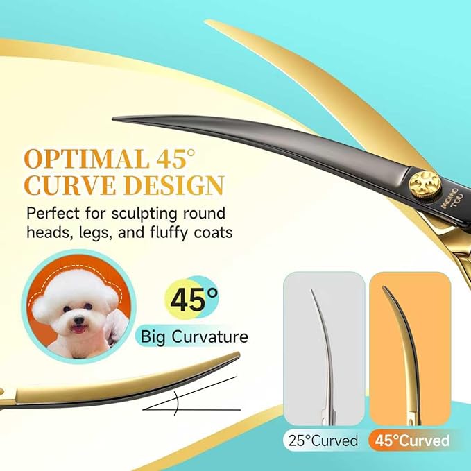 45°Super Curved Dog Grooming Scissors 440C Stainless Steel CNC 7.5'' Big Arc Curved Dog Shears Sharp and Durable for Professional Groomers