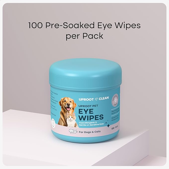 Uproot Clean Cat & Dog Eye Wipes: Hypoallergenic Eye Wipes for Dogs (100ct.) - Gentle & Cleansing Tear Stain Remover for Dogs - Reduce Discharge, Tear Stain Deep Clean Wrinkles Cats