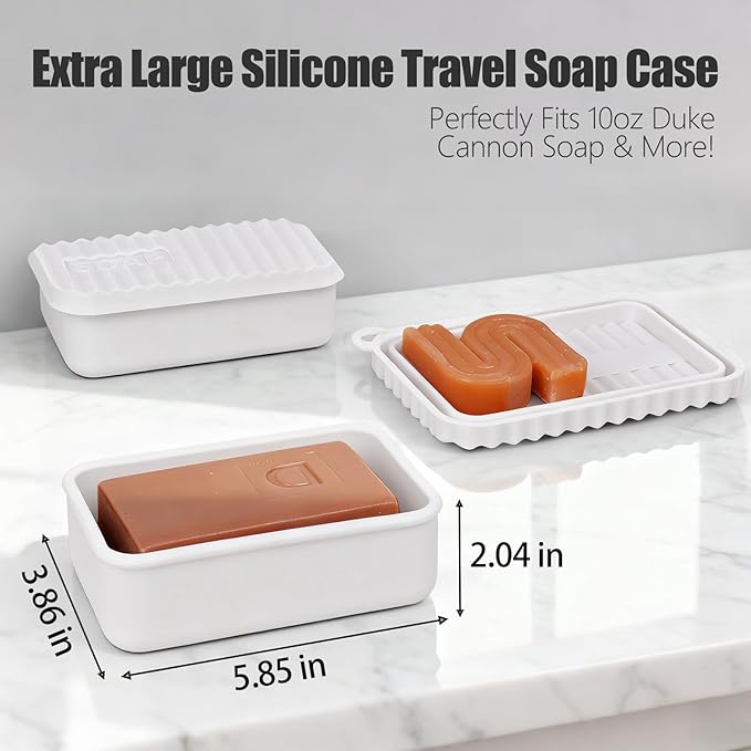 Extra Large Silicone Soap Case for 10oz Duke Cannon Bar Soap – Leakproof Travel Soap Holder with Self-Draining Lid - Large Capacity, Durable, Impact-Resistant, Stain-Resistant (Milky White)