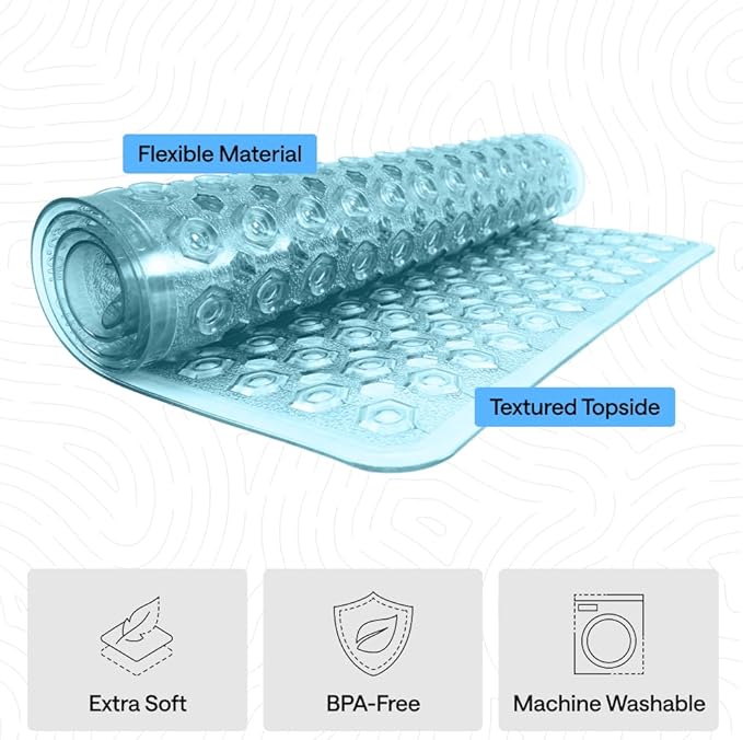 GORILLA GRIP Patented Bath Tub Shower Mat, Machine Washable Bathtub Floor Liner Mats, Suction Cups and Drain Holes to Keep Tubs Clean, Soft on Feet, Bathroom Essentials, 35x16 Inch, Clear Turquoise