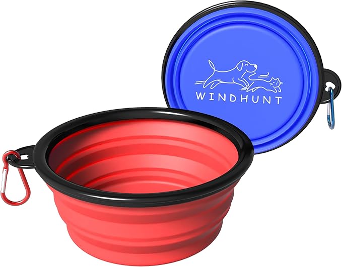 2-Pack Collapsible Dog Bowls, Portable Travel Pet Bowl with Carabiner – Foldable Silicone Feeding Dish for Dogs and Cats On-The-Go (Red + Blue)