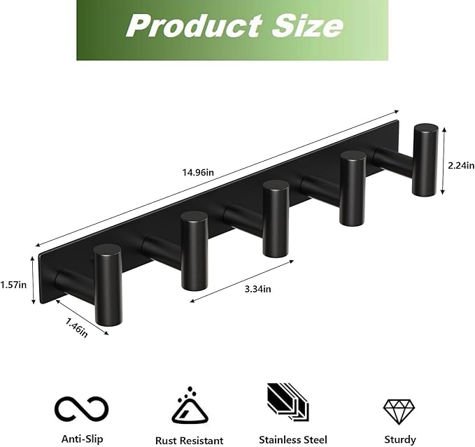 VINHOLD Coat Rack Wall Mounted with 5 Hooks,Heavy Duty Stainless Steel Wall Hooks for Towel Coat Bag, Hat Rack Coat Hanger Coat Hooks Towel Racks for Bathroom Entryway Kitchen Hotel (Black, 2 Packs)