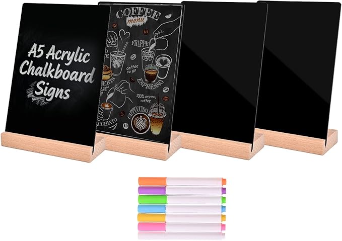 4 Pack Mini Chalkboard Signs - 8x6 inch Acrylic Chalk Board - Small Chalkboard Signs with Beech Base - Double Sided Blackboard for Display Menus, Food Signs, Message Boards, Table Numbers