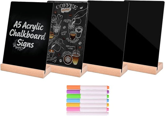 4 Pack Mini Chalkboard Signs - 8x6 inch Acrylic Chalk Board - Small Chalkboard Signs with Beech Base - Double Sided Blackboard for Display Menus, Food Signs, Message Boards, Table Numbers