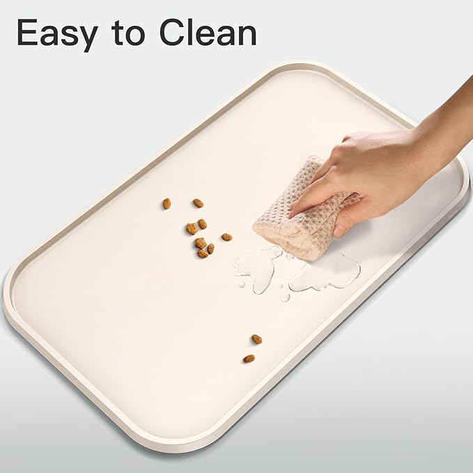 Pet Feeding Mat [Warped Resistant Raised Edge], Water-Proof Silicone Placement for Food Water Bowls, Anti-Slip Base Protect Floor, BPA-Free&Dishwasher-Safe [18.5x11.5inch Medium, Sand White]