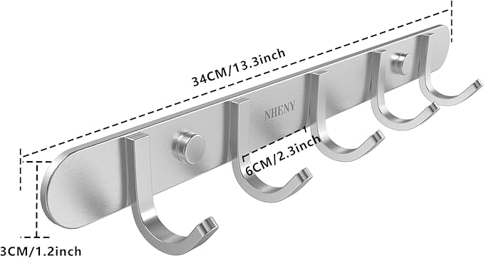 Sagmoc Coat Hook Rail Brushed Nickel 14-inch Towel Rack Wall Mounted with 5 Hooks/Durable Coat Hangers for Bedroom, Bathroom, Foyer, Hallway/304Stainless Steel/Easy to Install/Rust and Water Proof