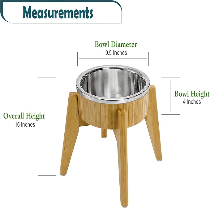 Elevated Dog Bowls for Large Breed - (15-Inch High) Raised Bamboo Holder with Stainless Dish - Suitable for Dry and Wet Pet Food - Tall Stand, Deter Ants/Bugs