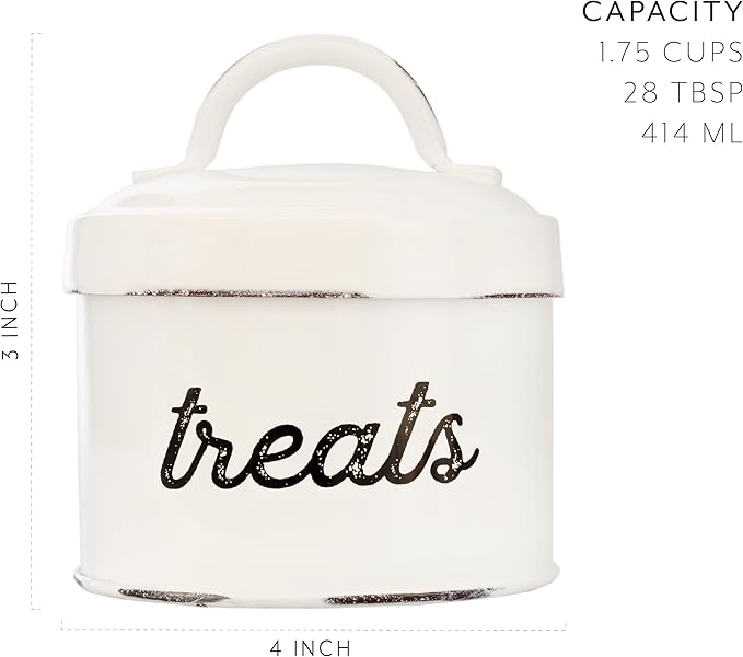 AuldHome Enamelware Cat Treat Container, Small White Rustic Pet Treats Jar