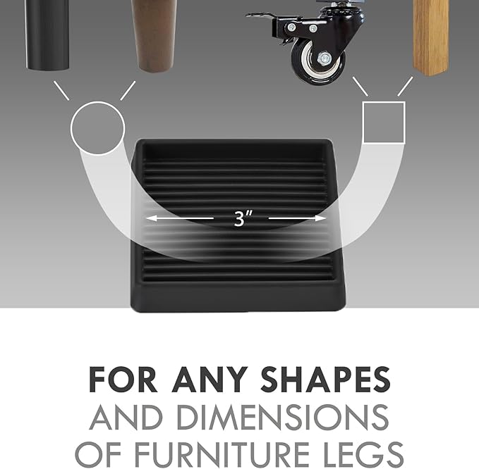 3X3 Rubber Caster Cups, Non Slip Furniture Pads, Anti-Slip Furniture Gripper, Anti Skid Furnitures Feet, Anti Slide Floor Protector for Bed Couch Stoppers (4 Pack, Black)