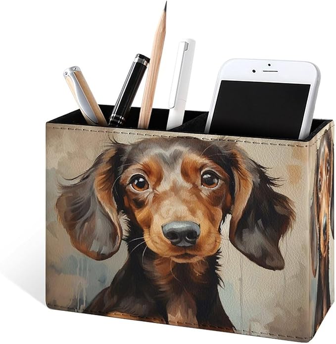 Famame Watercolor Dachshund Dog Pencil Holder for Desk, Leather Desktop Container Pen Cup Storage Study Table Pen Organizer Makeup Brush Holder for Classroom Office Home
