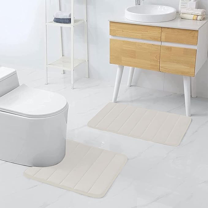 Buganda Memory Foam U-Shaped Contour Toilet Rugs, Non Slip Absorbent, Thick Soft Washable Bathroom Mat, Floor Carpet Bath Rugs Mat for Toilet Base (24" x 20", Cream)