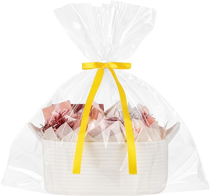 OIASKET Basket for Gifts Empty, Woven Storage Basket with Gift Bag, Ribbon and Wrap Tissue Paper, Small Rope Toy Storage with Handles for Baby Shower, Dog Toy Organizer, 13.6" x 10" x 5.9”