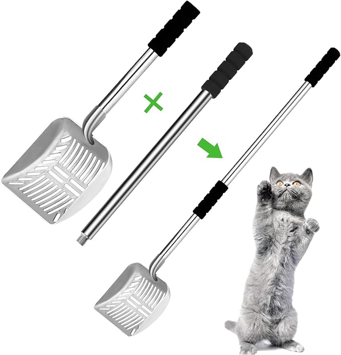 Metal Cat Scoop, Removable Litter Scoop, Long Handle Cat Scoop, Adjustable Length Up to 31.5 Inches, 2-in-1 Pet Scoop, Deep Scoop and Fine Hole Scoop, Foam Padded Handle, Cat Poop Scoop for All Cats