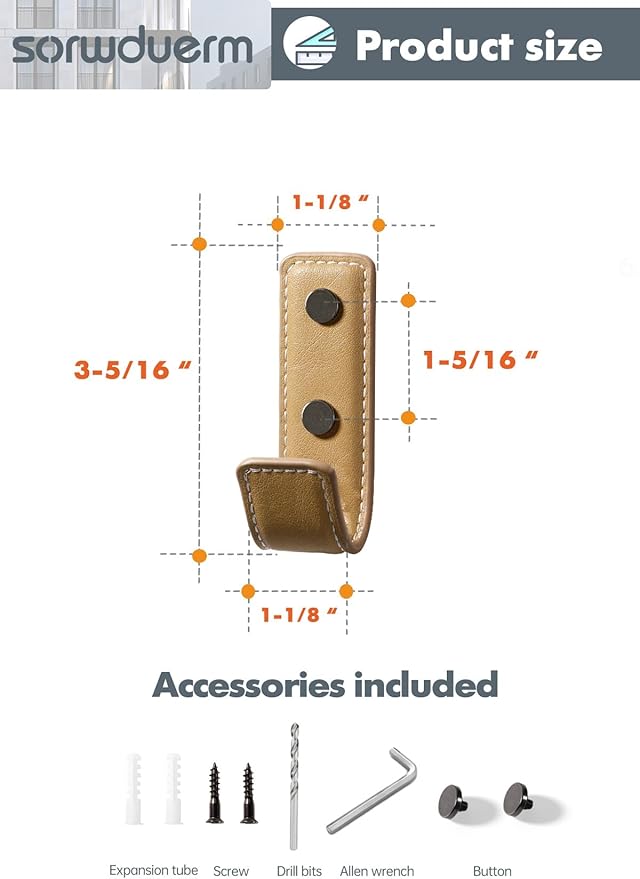 2 Pack Khaki Leather Coat Hooks Wall for Hanging Rectangle Coat Hooks for Hanging Robe Towels Bags Hats Scarf Keys Clothes Suitable for Bedroom, Entryway and Closet