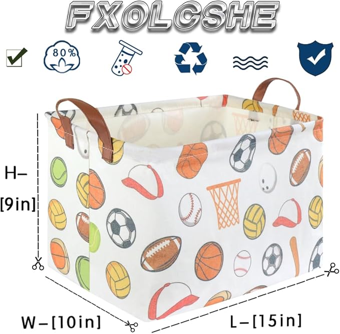 FXOCSHE Rectangular Ball basket,Kids Storage Bins, Foldable and waterproof canvas kids basket organizer, Boys toy box,boys Room Decor,shelf basket(Ball game)