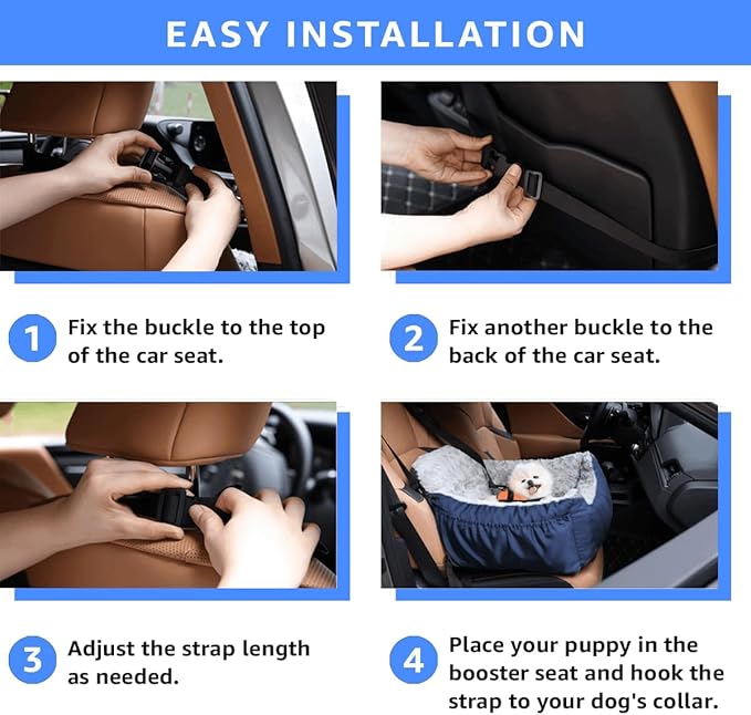 Dog Car Seat for Small Dogs, Washable Pet Booster Seats for Car with Clip-On Safety Leash, Reversible Puppy Carseat with Storage Pockets, Travel Carrier Bed for Dogs Under 25 lbs, Blue