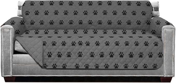 Sofa Shield Couch Slip Cover with Patented Strap, Cushion Protector, US Designed Reversible Stain and Dog Tear Resistant Slipcover, 70 inch Seat, Washable Covers for Dogs Pets, Paw Gray Black