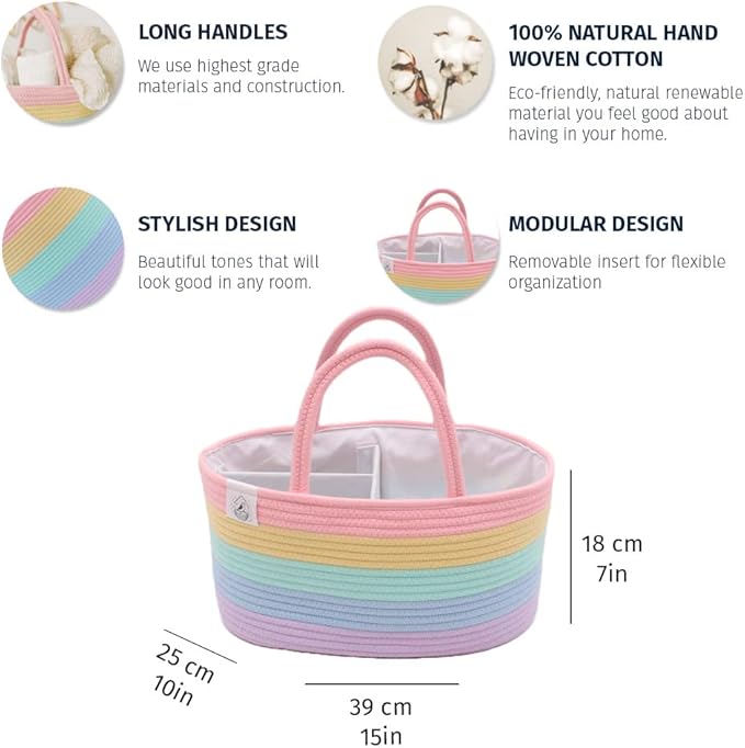 OrganiHaus Pastel Rainbow Nursery Storage Basket, Cotton Rope Toy & Diaper Caddy Organizer with Handles, Baby Diaper Organizer, Foldable Design, Machine Washable, Ideal for Baby Room & Laundry