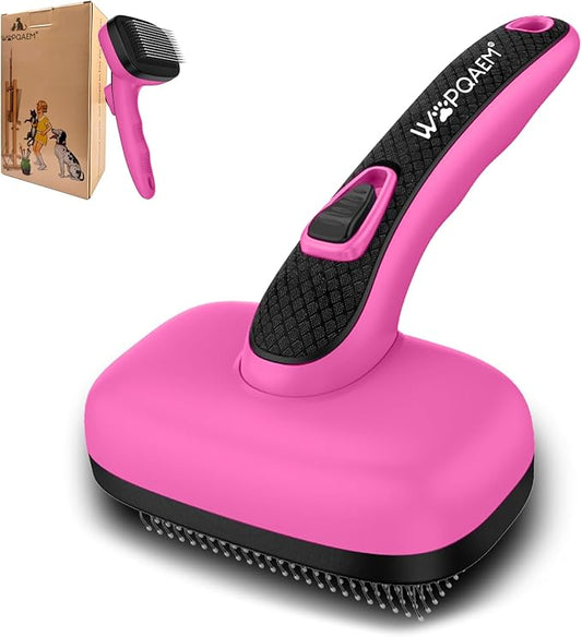 Self Cleaning Slicker Brush for Dogs and Cats - Skin Friendly Shedding & Grooming Tool for Long and Short Haired Pets,Easy Clean Retractable Bristles, Pink