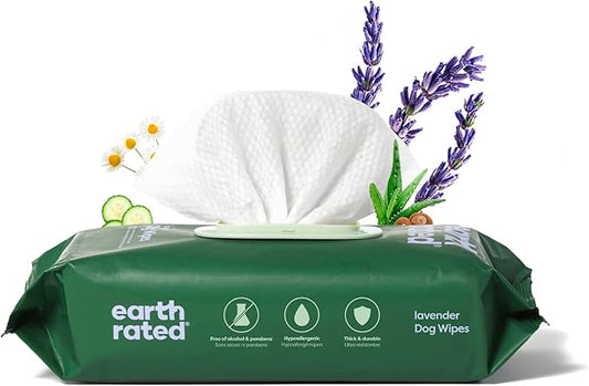 Earth Rated Dog Wipes, Hypoallergenic, Cleaning and Hydrating, for Grooming Paws, Body and Butt, Lavender Scented, 100 Count