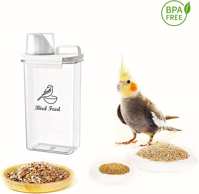 Brabtod Bird Seed Storage Container Airtight | 3 Qt/2.5 L Clear Plastic Bird Food Container Portable-with Measuring Cup/Lid|Pet Food Storage Container |Wild Bird Seed Dispenser|BPA Free