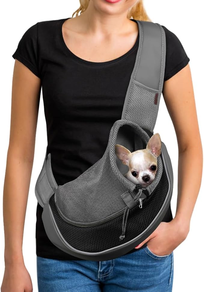 YUDODO Pet Sling Carrier for 5-9 lbs Small Dogs & Cats – Hands-Free Puppy Carrier with Safety Hook, Large Zipper Pocket, Soft Breathable Mesh, Adjustable Strap & Reflective Strip (Black 1.0 M)