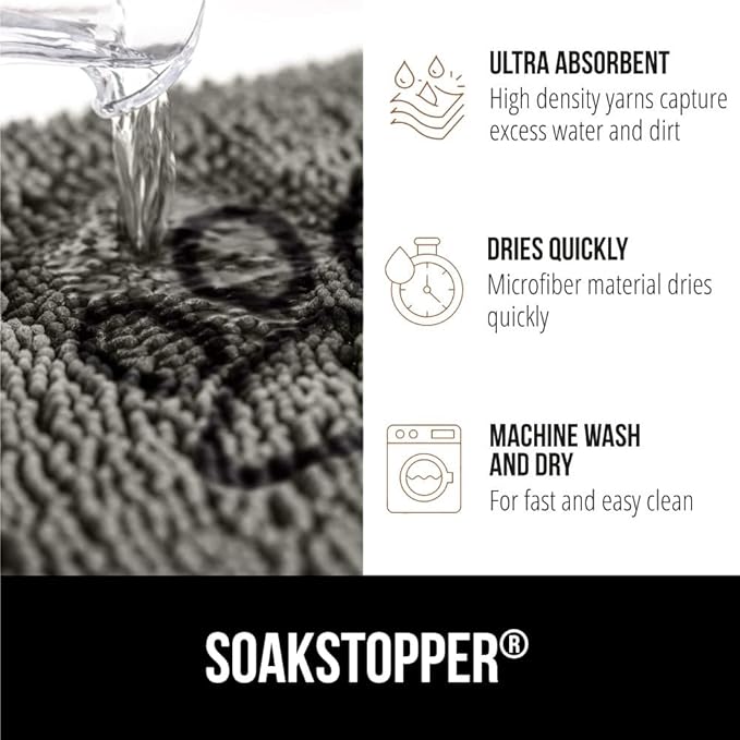 GORILLA GRIP SOAKSTOPPER Dog Door Mat, 30x20 Machine Washable Rug Absorbent Doormat Captures Moisture Mud Dirt, Quick Dry Soft Chenille Entryway Rugs Indoor Entrance Mats for Dog Paws, Paw Gray