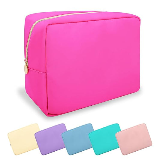 Large Makeup Bag Pouch,Nylon Women Travel Toiletry Storage Bag Preppy Cosmetic Bag for Girls,Big Makeup Organizer Bag Cute Zipper Pouch Skincare Bag for Sport Work Gift(Large-Bubblegum)