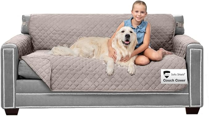Sofa Shield Couch Slip Covers for Dogs, Reversible Furniture Protector with Strap, Stain and Tear Resistant Cushion Cover, 62 inch Seat, Machine Washable Slipcover Pets, Cats, Light Taupe