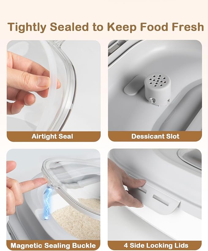 DDMOMMY 20-50 Lbs Food Storage Container With Wheel, Airtight Locking Lid, Collapsible Rice Container, Flour Storage With Small Container and Scoop, Suitable for Pet Food