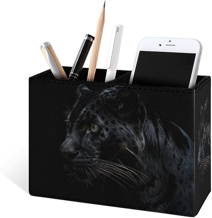 Famame Black Leopard Pencil Holder for Desk, Leather Desktop Container Pen Cup Storage Study Table Pen Organizer Makeup Brush Holder for Classroom Office Home