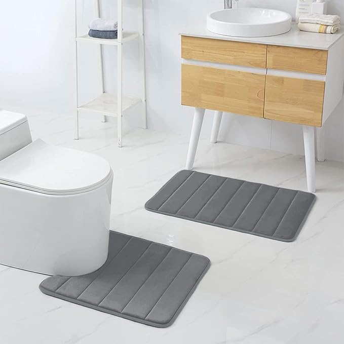 Buganda Memory Foam U-Shaped Contour Toilet Rugs, Non Slip Absorbent, Thick Soft Washable Bathroom Mat, Floor Carpet Bath Rugs Mat for Toilet Base (24" x 24", Grey)