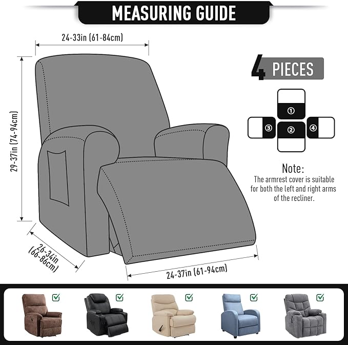 TAOCOCO Recliner Cover 4-Pieces, Recliner Stretch Sofa Slipcover, Recliner Cover 1 Seat, Couch Protector Soft, Furniture Protector Covers with Elastic,Chair Covers Jacquard Pattern (Black)