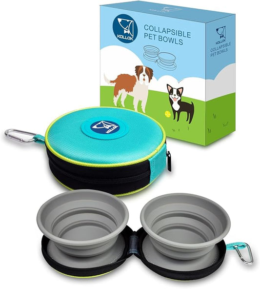 KALLAK Portable 2 in 1 Pet Bowls with Zipper Carrying Case and Carabiner, Collapsible Double Travel Dog Bowls for Food and Water Feeding, Foldable Camping Dog Cat Bowl