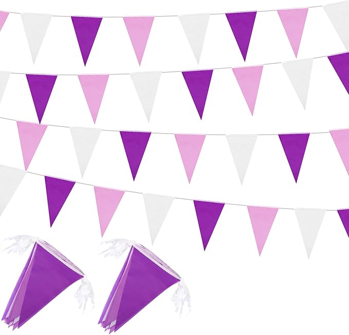 Preboun 164 Feet Pastel Pennant Banner Bunting Pennant Banner Garland 120 Pcs Pastel Triangle Flags on a String for Baby Shower Birthday Graduation Wedding Hanging Decorations(Purple)