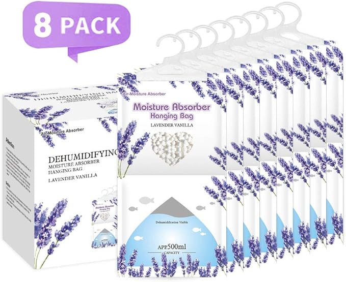 CANAGER Hanging Moisture Absorber, Lavender Vanilla Moistureproof Hanging Bag，Dehumidifier Bag (8 packs) Hanging Closet Dehumidifier Bags, Moisture Absorb 12.5 oz