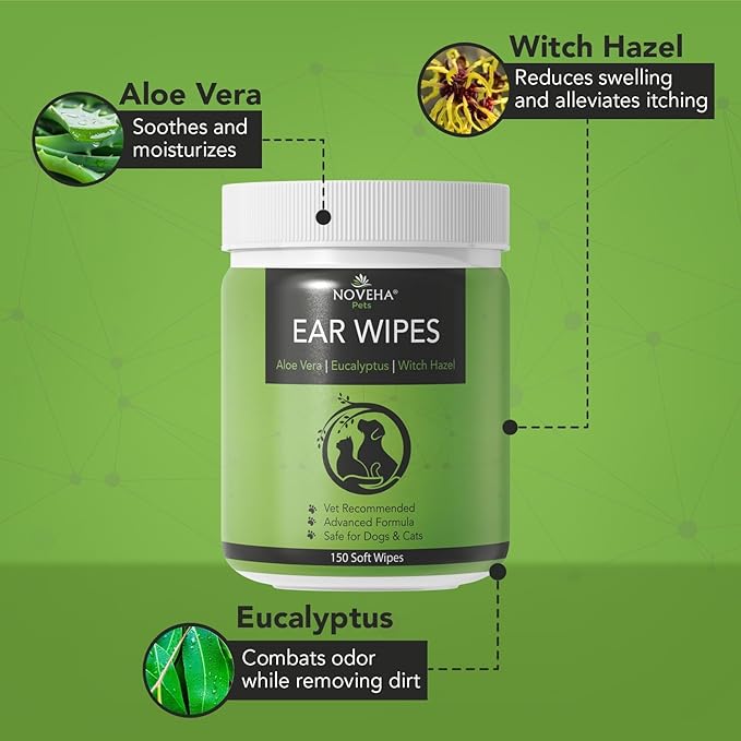 NOVEHA 300PCs Dog Ear Cleaner Wipes, Daily Ear Cleaner for Dogs & Cats - Stop Ear Itching with Aloe, Eucalyptus & Witch Hazel Ear Wipes for Dogs - for Odor Control, Dirt and Wax Removal, Unscented