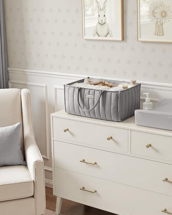 Blissful Diary Baby Diaper Caddy Organizer, Stylish Storage Basket for Newborn Essentials and Diaper Station, Gift for Baby Shower and Registry Must-Have, Light Gray