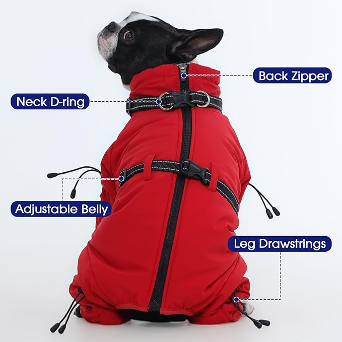 FUAMEY Full Body Dog Coat,Warm Dog Fleece Jackets with Harness Built in Windproof Dogs Snowsuit Zip up Pet Four Legged Pets Jumpsuit Winter Outfit Cold Weather Coats for Extra Small Dogs Red XS