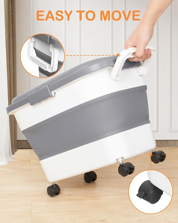 DDMOMMY 15-23 Lbs Dog Food Storage Container, Collapsible Dog Food Container with Airtight Lid, Wheels, Handle, Large Cat Food Storage Container with Scoop, Dog Bowl for Dog Cat