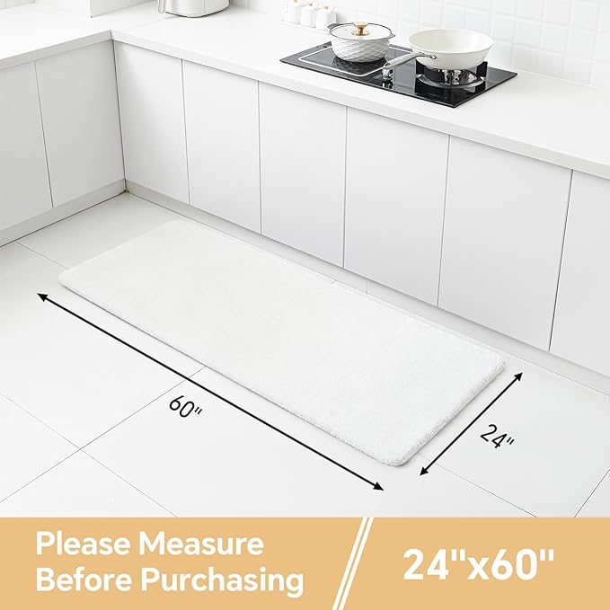 White Bathroom Rugs Runner 24"x60" - Long Large Bath Mat, Soft Non Slip Absorbent Microfiber Bathroom Rug, Washable Plush Floor Mat - Perfect for Bedside, Kitchen or Vanity Area