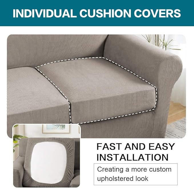 Turquoize 4 Piece Couch Covers for 3 Cushion Couch Sofa Pet Friendly Stretch Couch Cover for Dogs Washable Sofa Covers with Individual Couch Cushion Covers, Jacquard Fabric (3 Cushion Sofa, Taupe)