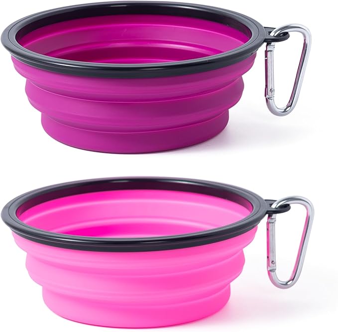 Dog Bowl Pet Collapsible Bowls, 2 Pack Collapsible Dog Water Bowls for Cats Dogs, Portable Pet Feeding Watering Dish for Walking Parking Traveling with 2 Carabiners (Pink+Purple, Medium)