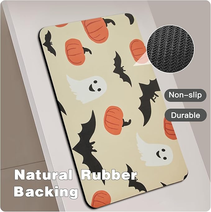 Halloween Bath Mat, Thin Bathroom Rug Non Slip Quick Dry Pumpkin Bath Mat Fits Under Door Thin Floor Mat Halloween Decor, 17''x30'', Pumpkins Bats and Ghost