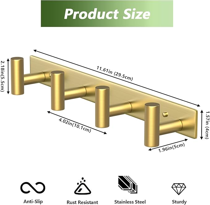 VINHOLD Wall Mounted Coat Rack-4 Hooks, Heavy Duty Stainless Steel Wall Hooks for Towel Coat Bag, Hat Rack Coat Hanger Coat Hooks Towel Racks for Bathroom Entryway Kitchen Hotel Office (Gold, 1 Pack)